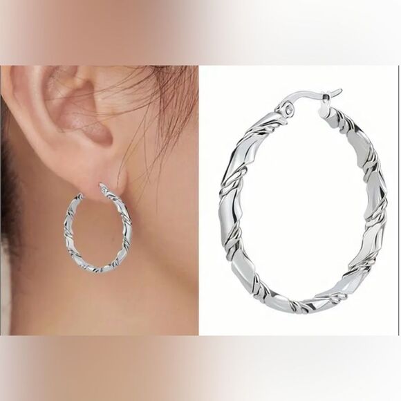 Stainless Steel Twisted Hoop Earrings - Picture 2 of 3